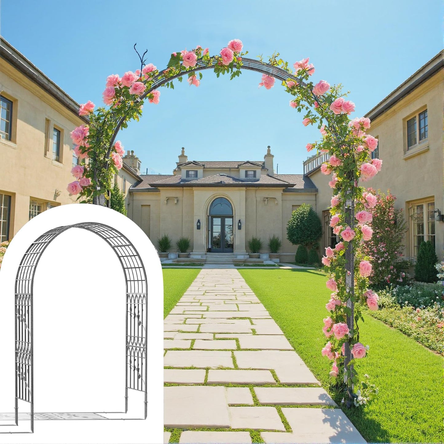 Meyrines Metal Garden Arbor, 104.3” Tall Wrought Iron Archway for Climbing Plants & Flowers, British-Style Garden Trellis (Silver)