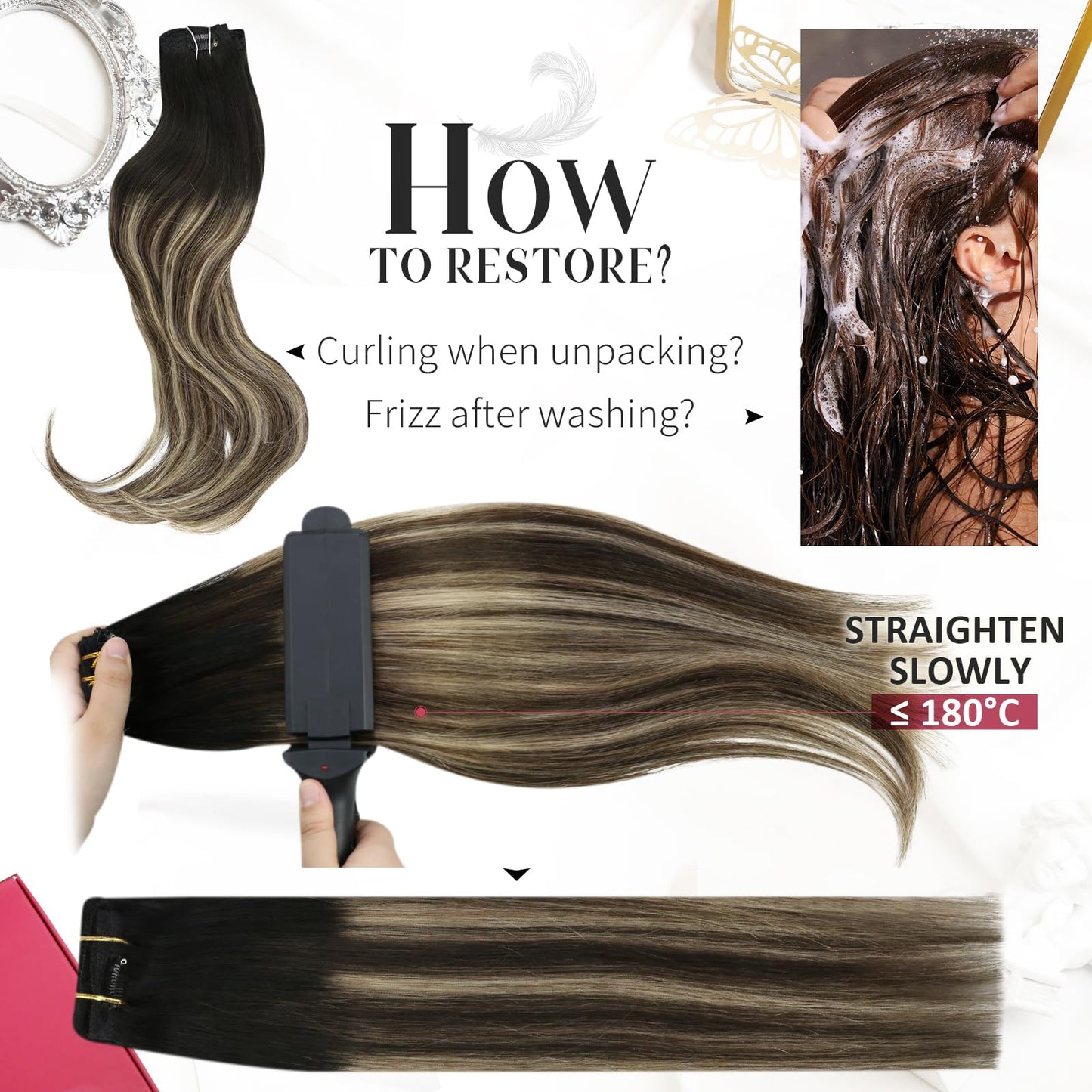Moresoo Clip in Hair Extensions Real Human Hair Balayage Black to Brown with Caramel Blonde Double Wefted Clip in Human Hair Extensions Full Head 24 inch 7Pcs/120G #1B/3/27