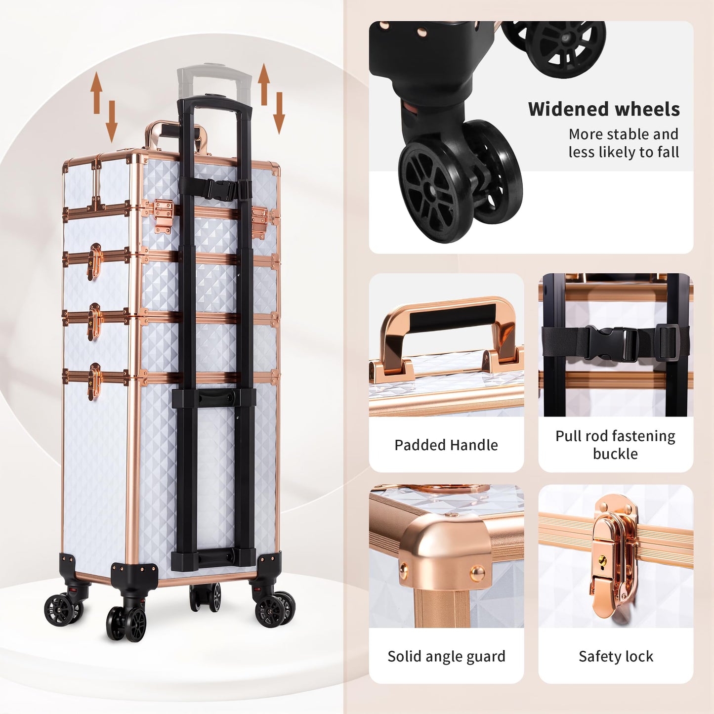 AROUS Rolling Makeup Train Case 4 in 1 Cosmetology Case on Wheels Large Storage Cosmetic Trolley with Key Salon Barber Case Traveling Cart Trunk,White