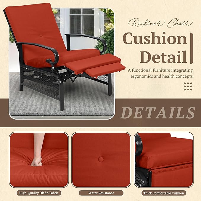 Oakcloud Adjustable Outdoor Lounge Chair Metal Patio Relaxing Recliner Chair Set with Bistro Table and Removable Cushions(Red)