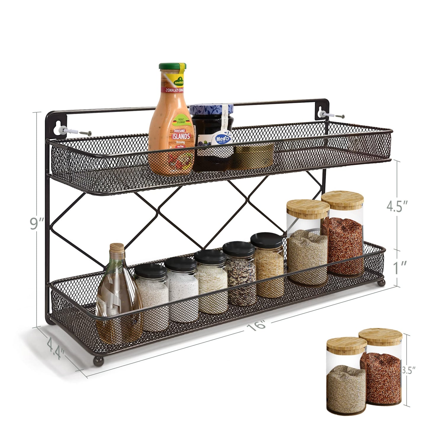 Megier 2 Tier Metal Kitchen Counter-top or Wall Mount Spice Rack, Jars Storage Organizer, Cabinet Holder, spice seasoning organizer for Partry (Bronze)