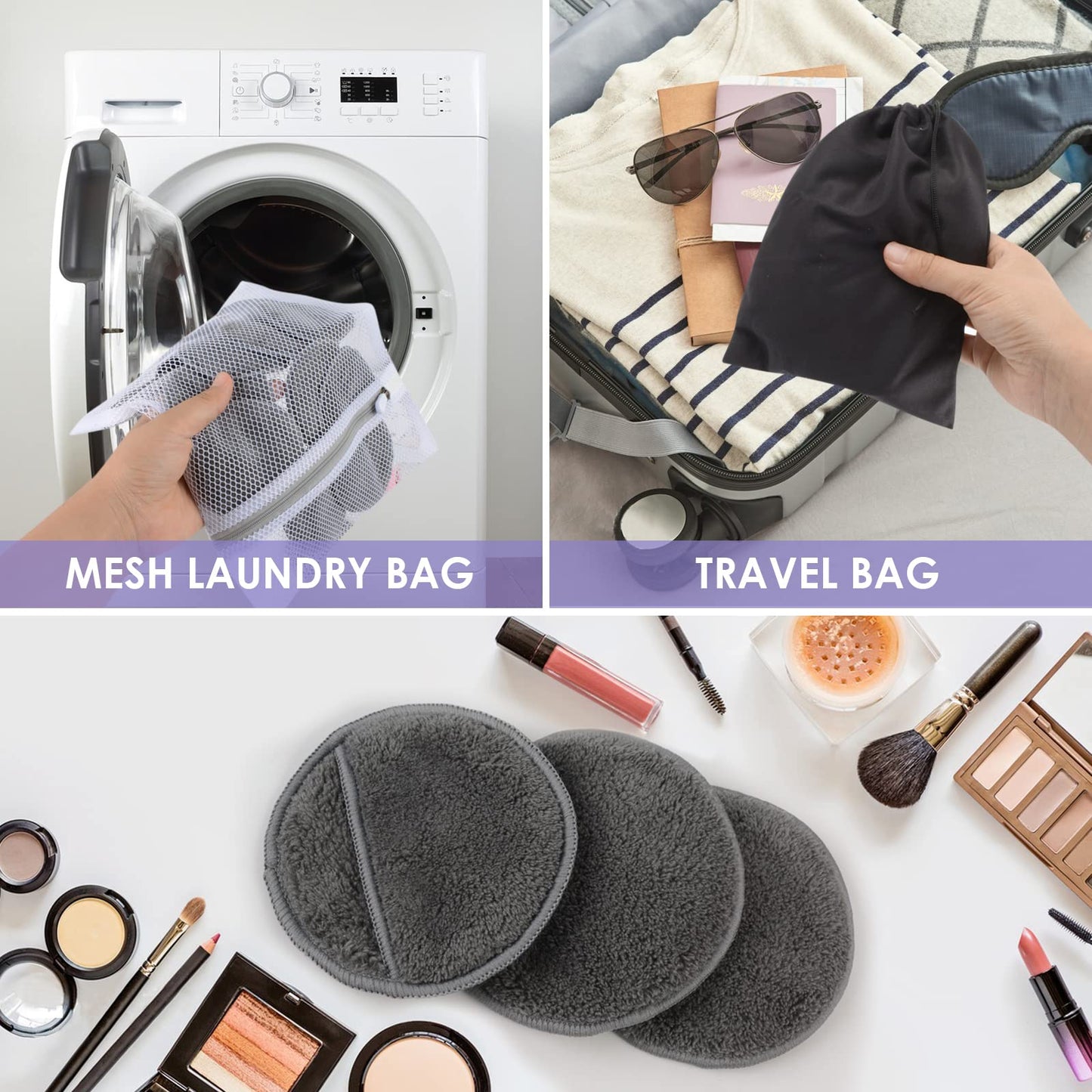 Sunland 16 Pack Reusable Makeup Remover Pads Microfiber Facial Cleansing Pads Washable Face Wipe Rounds with Laundry Bag Grey