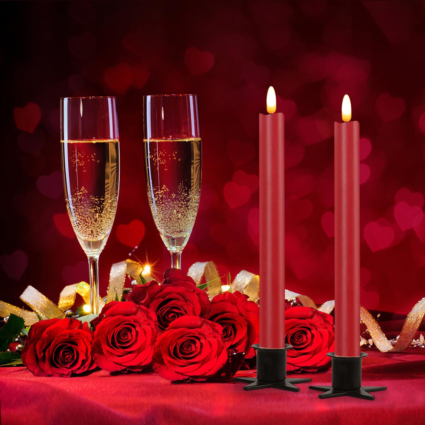 CVHOMEDECO. Real Wax Flameless Taper Candles with 10-Key Remote, Battery Operated Led Flickering 3D Wick Light Window Candles Home Christmas Party Decor 0.78 x 10 Inch, Pack of 2, Red