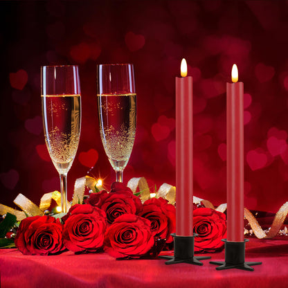 CVHOMEDECO. Real Wax Flameless Taper Candles with 10-Key Remote, Battery Operated Led Flickering 3D Wick Light Window Candles Home Christmas Party Decor 0.78 x 10 Inch, Pack of 2, Red