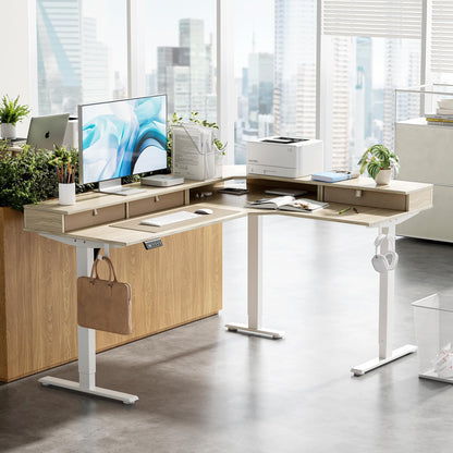 CubiCubi 63x48 Inches L Shaped Standing Desk with 3 Drawers and Monitor Shelf, Height Adjustable Corner Computer Desk with Hooks, Sit Stand Up Ergonomic Home Office Workstation Table, Light Walnut
