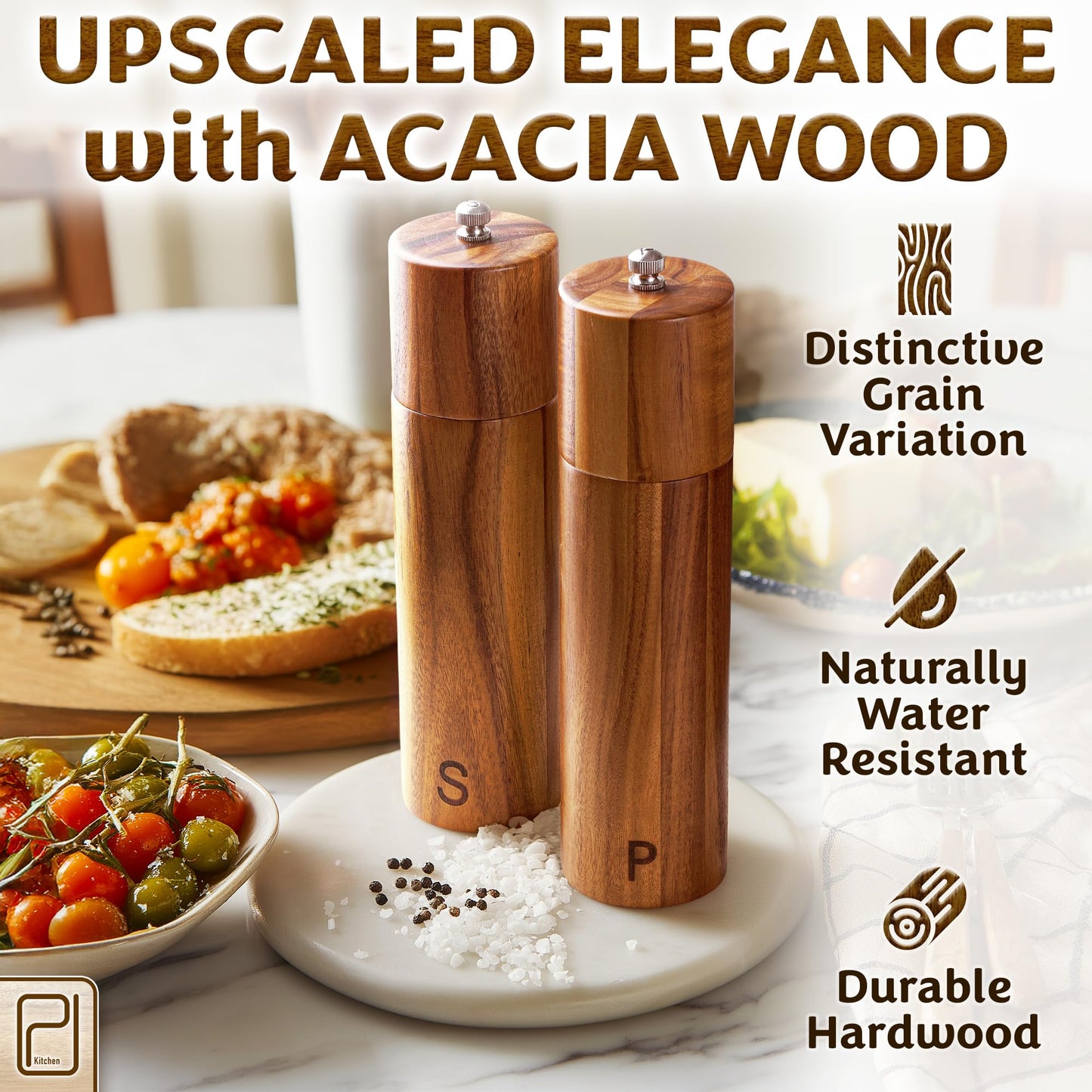 Premium Wooden Salt and Pepper Grinder Set - 28 g / 1 oz each, Acacia Solid Wood Mills - Refillable Coarse Grain Salt & Peppercorn Manual Twist Grinders - Modern or Rustic Home Table - by PJC-Kitchen