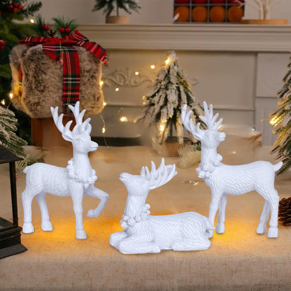 White Christmas Reindeer Decor Set of 3 Resin Standing Deer Figurines Elk Sculpture Christmas Figurine Centerpieces for Home Tabletop Shelf Elegant Xmas Deer Statue Artificial Animal Table Decorations