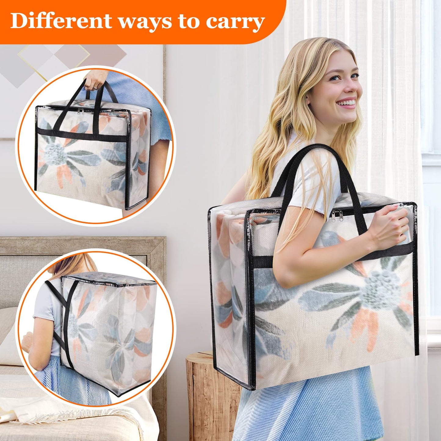 TasticTotes 6 Pack Clear Storage Bags for Comforter, Clothes & Bedding, Plastic Blanket Storage with Zipper and Handle, Moving Bags, Closet Organizer and Under-Bed Storage (40L)