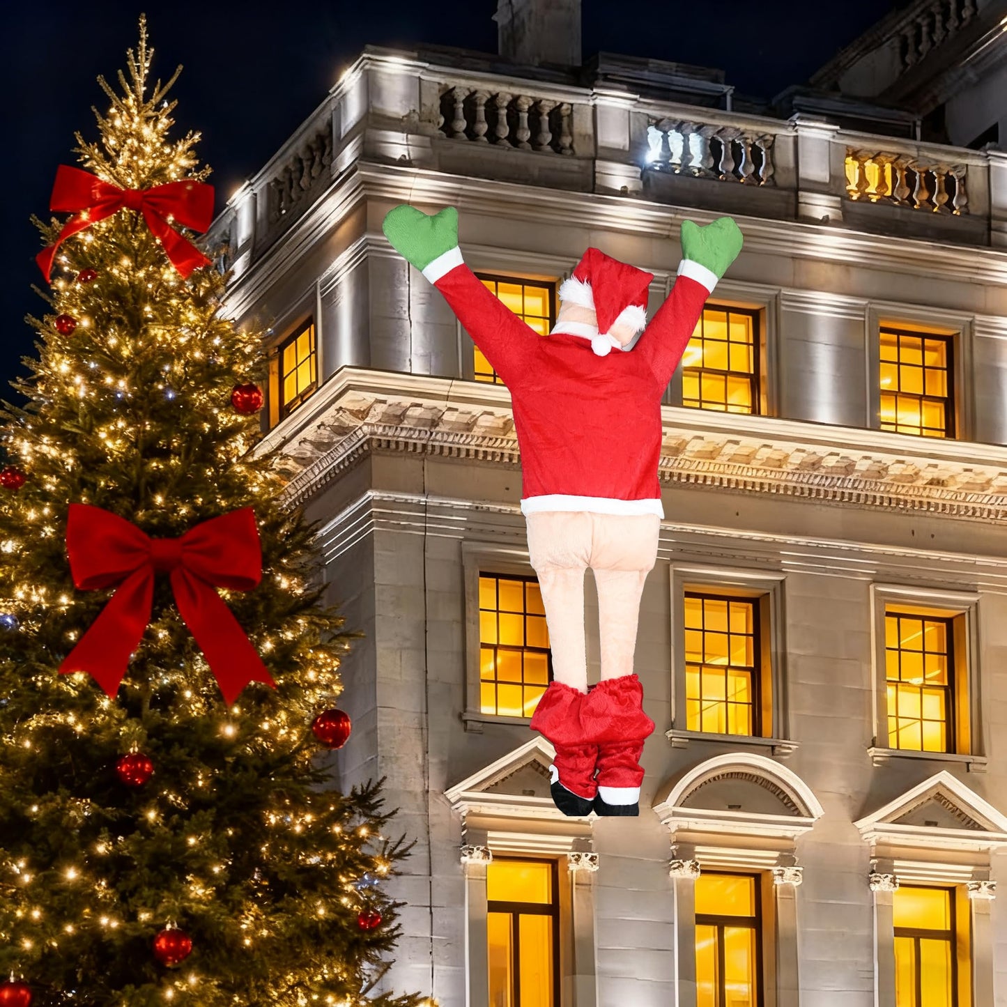 3.61FT Christmas Hanging Santa Claus, Climbing Santa with Pants Off, Funny Christmas Outdoor Decoration for Gutter or Roof/Chimney/Tree/Porch