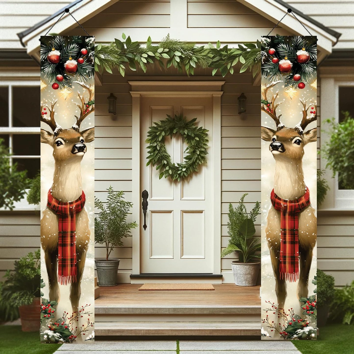 Saoplasa 2PCS Christmas Porch Banner Reindeer with Scarf Vertical Hanging Decorations for Front Door Outdoor Winter Holiday Welcome Sign Plaid Deer Wall Decor Xmas Entryway Background 71 x 12 Inch
