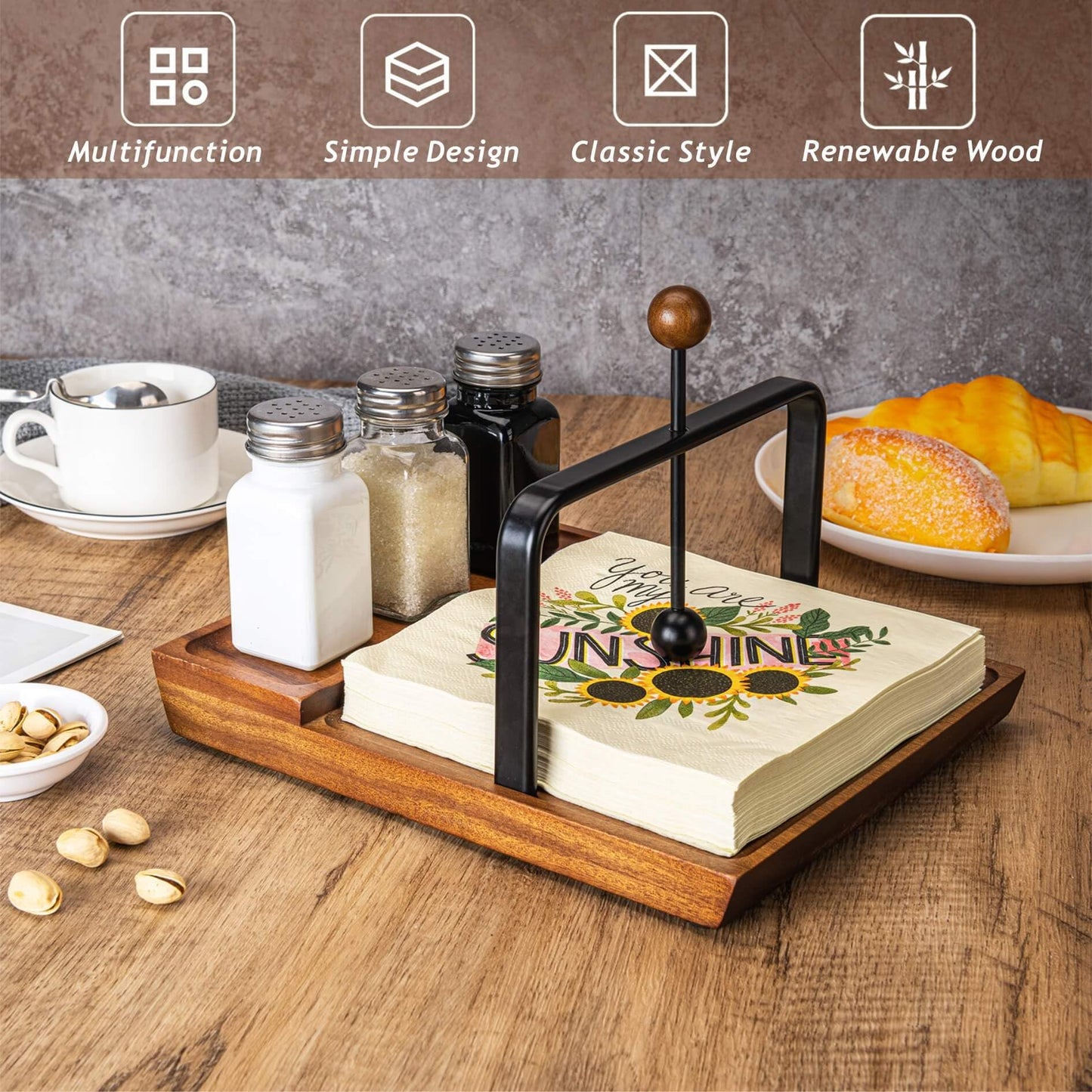 Black Wooden Napkin Holder, Multifunctional Farmhouse Napkin Holder for Table, Kitchen, Outdoor Use, Includes Space for Salt and Pepper Shakers (Seasoning Jar Not Included)