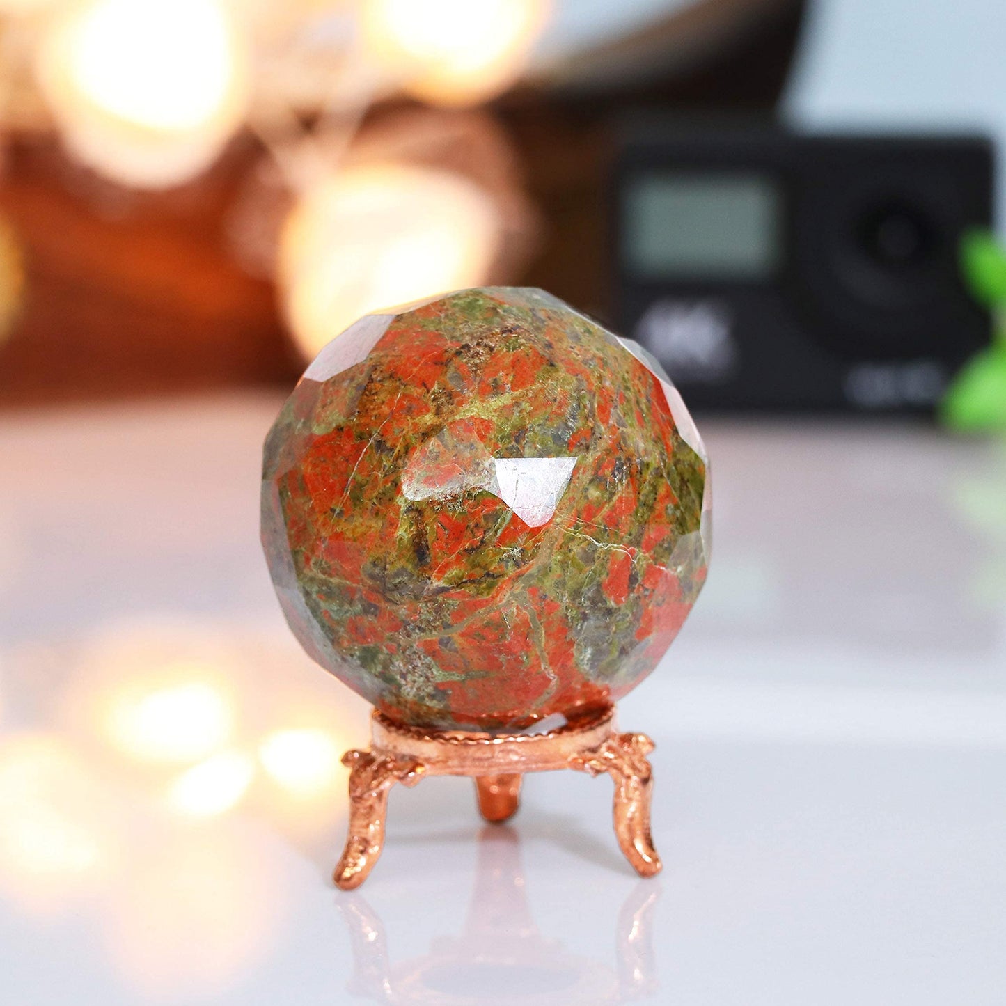 Crocon 45mm Unakite Diamond Cut Stone Sphere Ball with Metal Stand 1400+ Carats Gemstone Ball Healing Ornament Rock Sphere Sculpture Figurine for Fengshui Divination Crystal Home Decor Photography