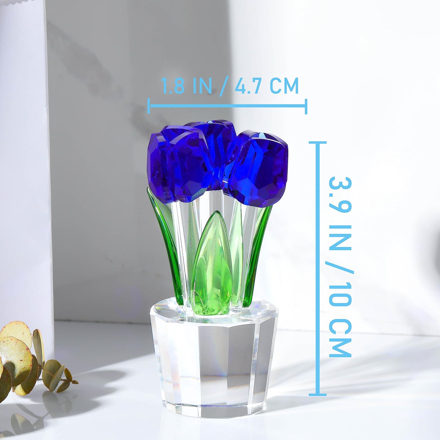 Qianwei Crystal Tulips Flowers Figurine Blue with Vase - Glass Flower Bouquet Collectible Figurines Crystal Office Home Decor Paperweight - Tulip Gifts for Women Mom Bestfriend Wedding Anniversary