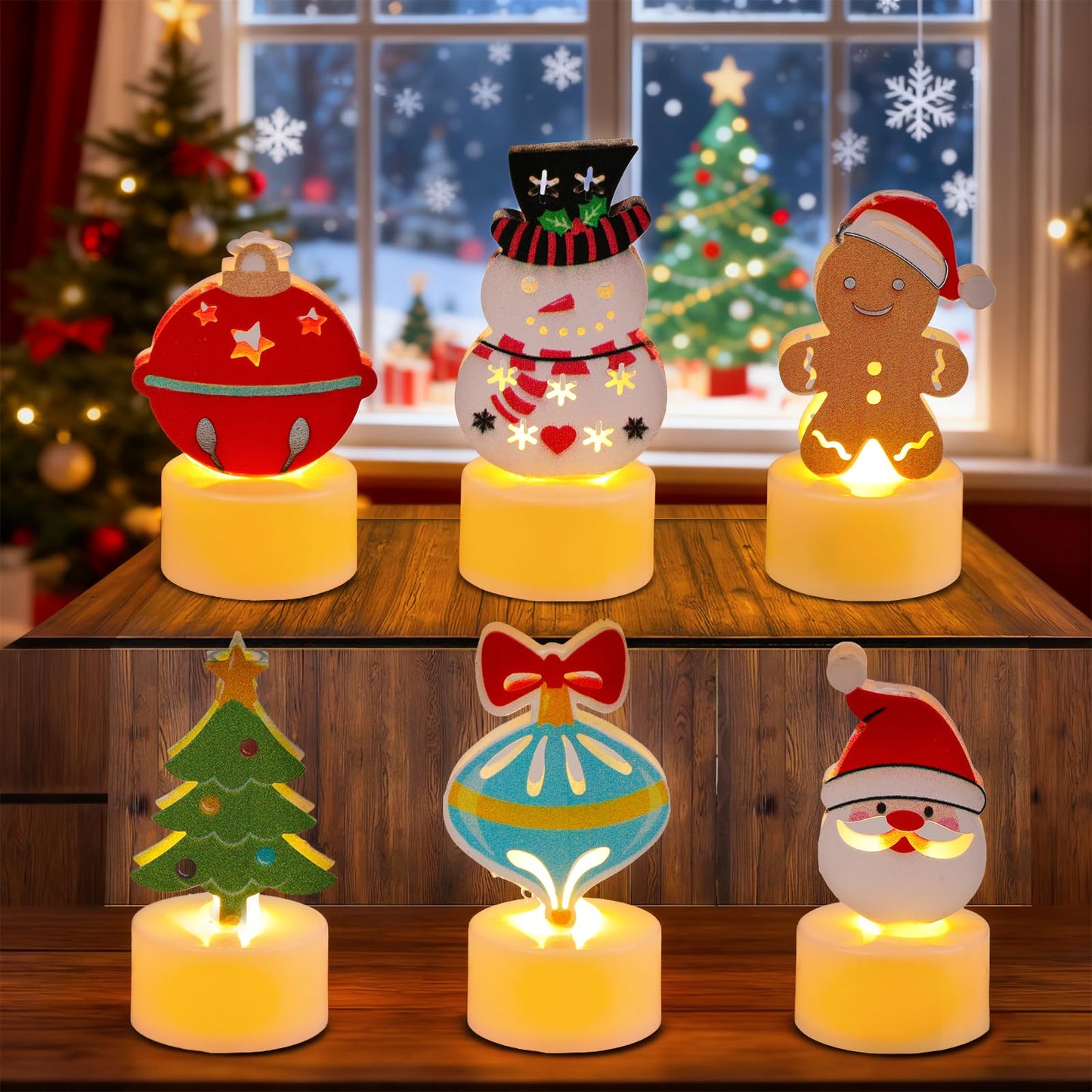 Sariiraw Christmas Tealight Candles, 6PCS Flameless LED Tea Lights with 6 Festive Designs Battery Operated for Holiday Table Centerpiece Decor