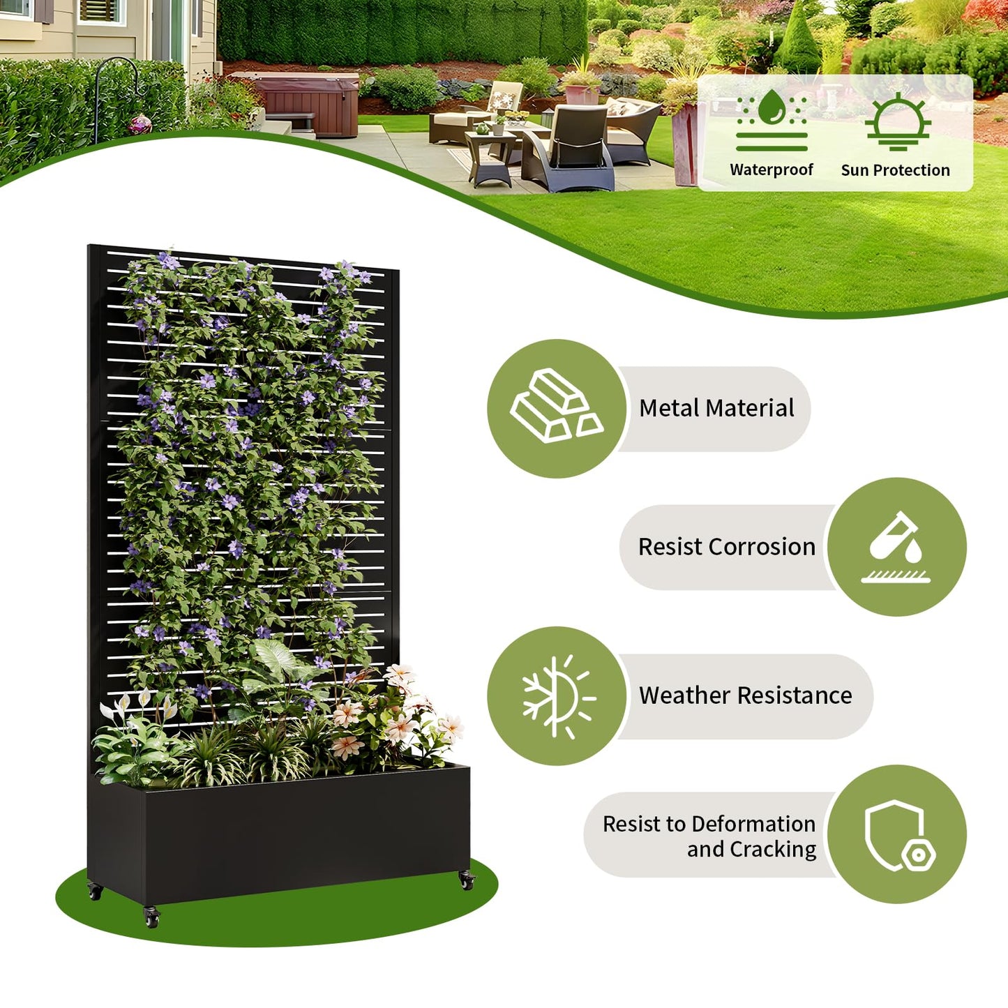 Metal Planter Box with Trellis and Wheels, 73"x35"x16" Galvanized Steel Raised Garden Bed with Drainage Holes and Privacy Screen Function for Climbing Plants, Vegetables, Flowers, and Vines–Black
