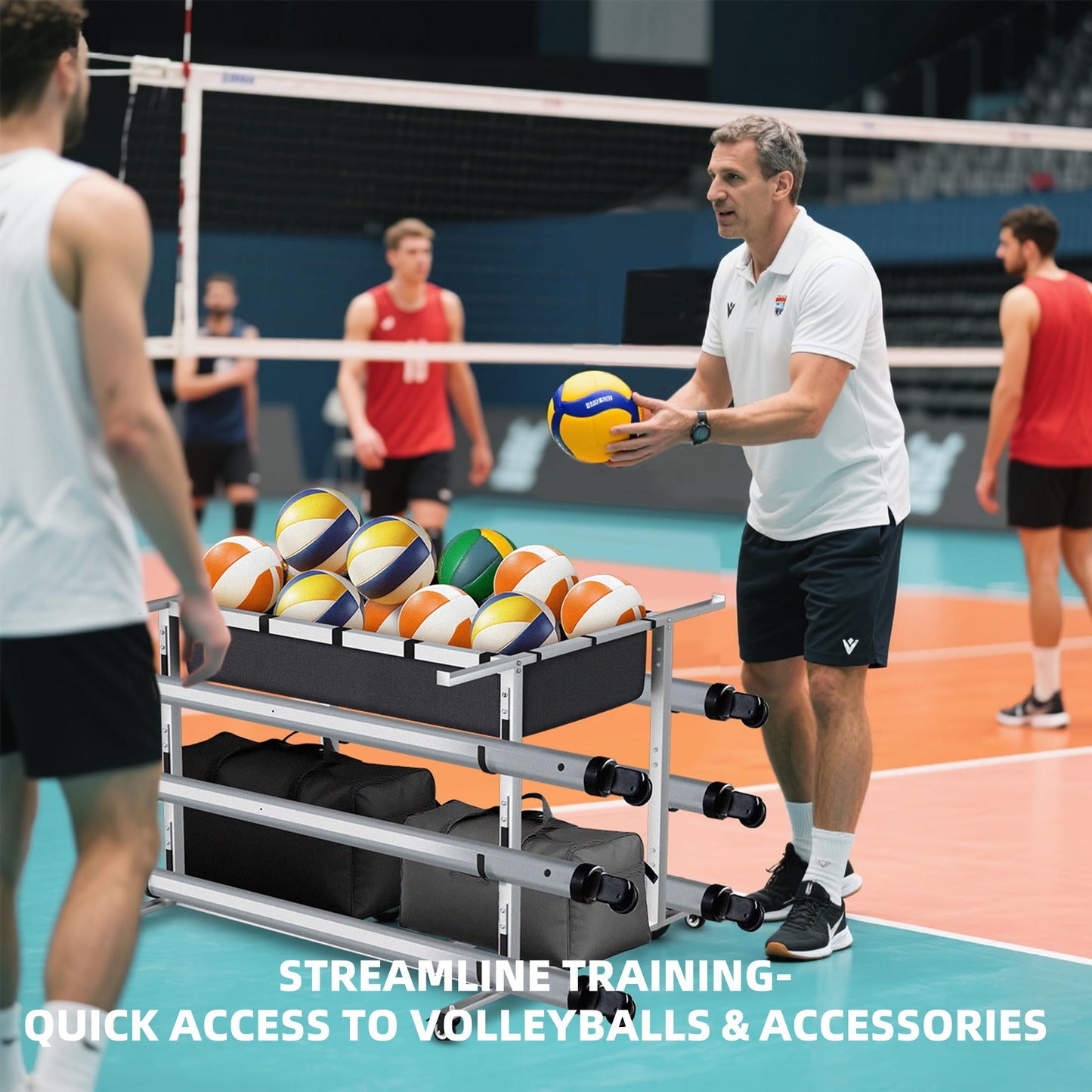 MR Volleyball Equipment Cart, Heavy-Duty Volleyball Gear Storage Trolley with 4 Removable Baskets & Lockable Wheels, Portable Volleyball Cart for Balls, Pads, Nets & Training Aids