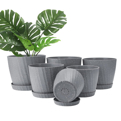 Plant Pots Indoor, 6Pack Plastic Plant Pots 19/17.5/16.5/15.5/14/11.5cm, Flower Pots Outdoor Self Watering Indoor Plant Pot with Drainage Holes and Tray, Plastic Planter for Garden House Plants(Grey)