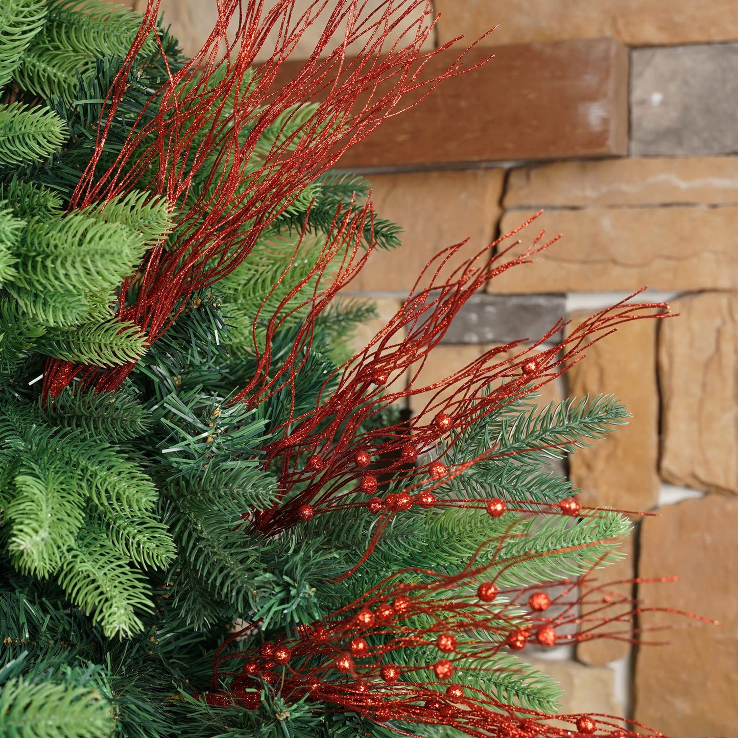 SLKING STORE SLK 16-Pack Artificial Glitter Berry Stem Ornaments, Christmas Decorative Glittery Twigs, Picks, Branches for Tree, Wreath, Small Vase, Party (Red)