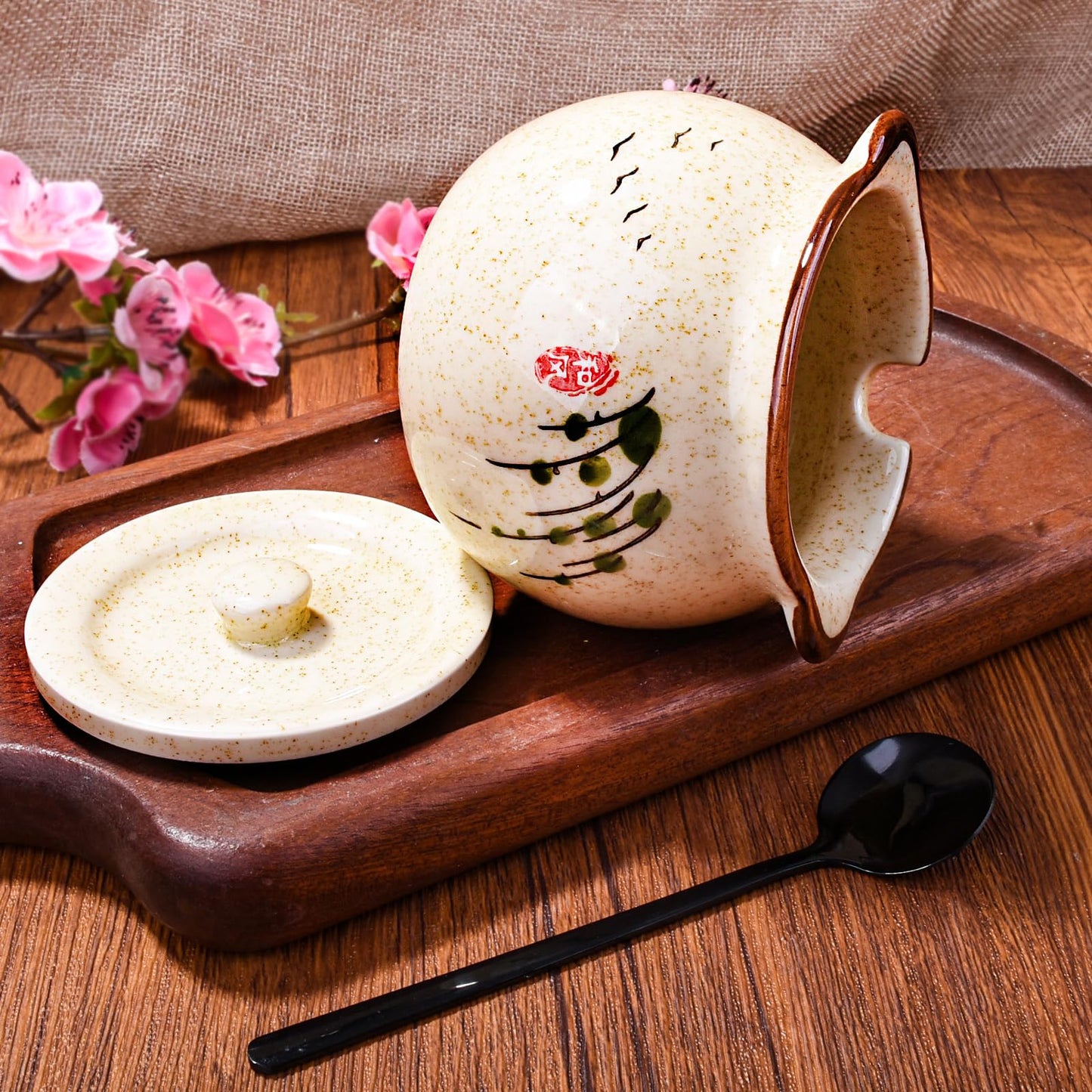 Whitenesser Japanese Willow Pattern Ceramic Sugar Jar & Spice Container with Lid & Stainless Steel Spoon Set – Kitchen Storage, Elegant Sakura Desig