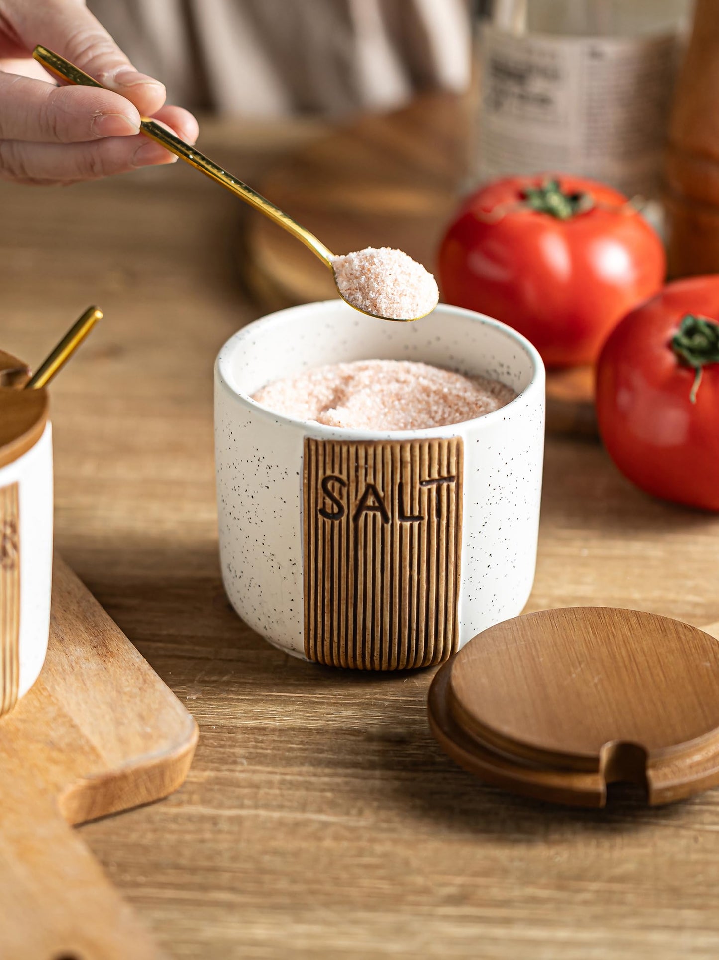 YHOJOY Salt Container for Countertop, Ceramic Salt Cellar with Lid and Spoons, 10 OZ Salt Bowl Holder for Mother's Day, White