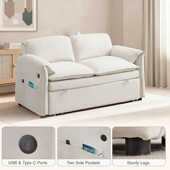 63" Velvet 3 in 1 Convertible Sleeper Sofa Bed, Pull Out Couch Bed Loveseat