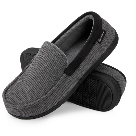 EverFoams Men's Comfort Memory Foam Moccasin Slippers Breathable Terry Cloth House Shoes with Anti-Skid Rubber Sole Grey 10 UK