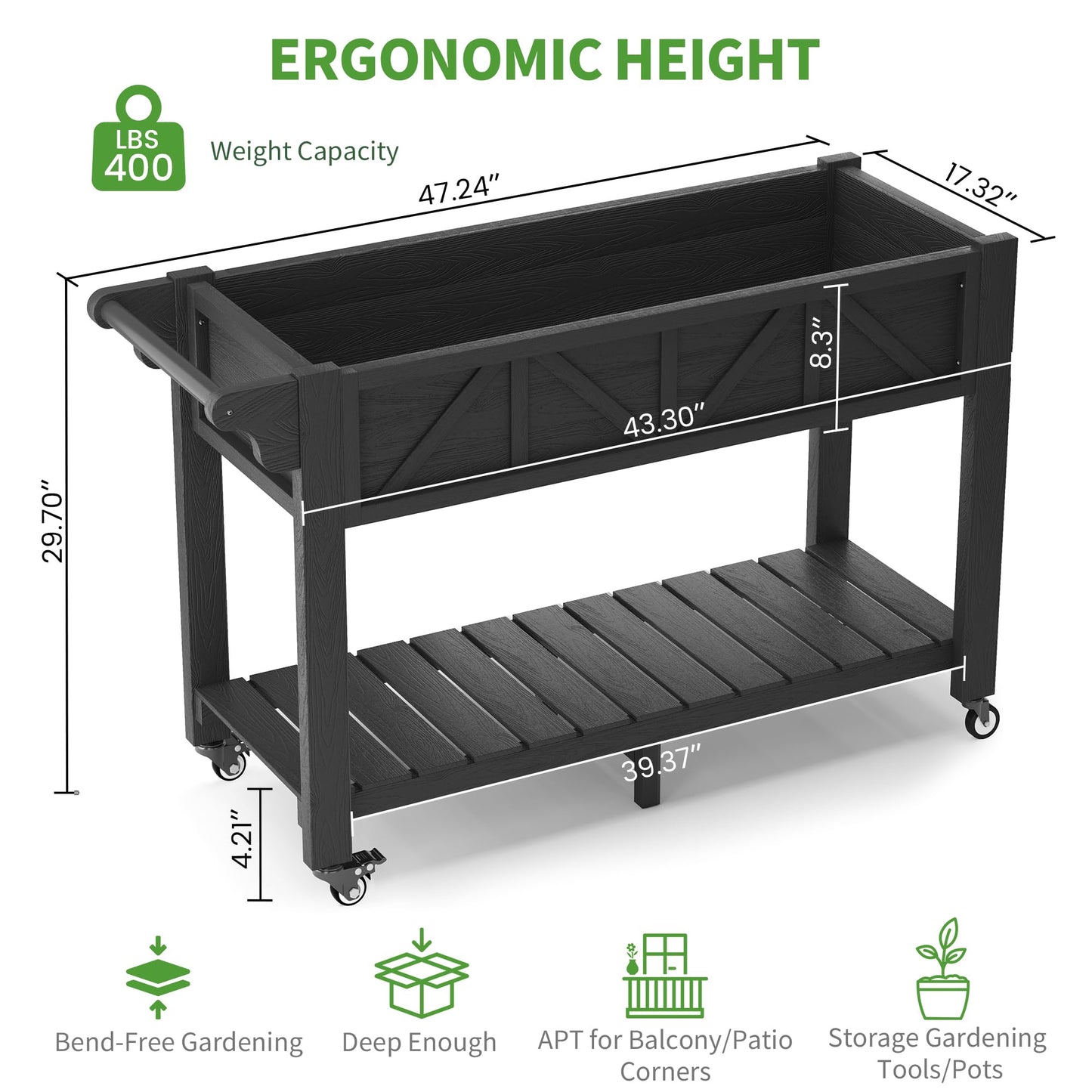 Elevated Raised Garden Bed with Legs & Wheels, 47x17x29.7in Large Planter Box with Handle & Shelf, HIPS All-Weather Outdoor Planter with Drainage Holes, Liner & Hooks for Vegetables, Herbs & Flowers