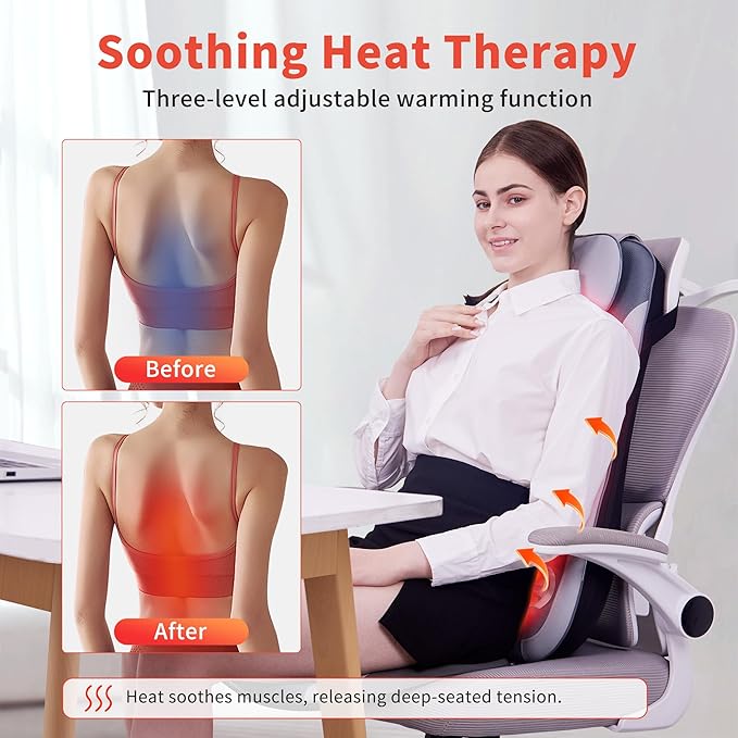 Shiatu Back Massager with Heat, Kneading Rolling Vibration Chair Massager for Deep Tissue Pain Relief, Massage Chair Pad for Home & Office, Ideal Gift for Dad & Mom