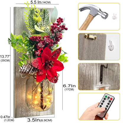 Mason Jars Sconce Decor Rustic Wall Sconces Handmade Wall Art Hanging Design with Remote Control LED Fairy Lights and Red Berry, Xmas Farmhouse Wall Home Decor Living Room Lights Set of Two