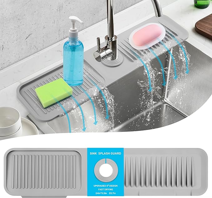 24"Longer Silicone Faucet Mat for Kitchen Sink, 5° Slope Faucets Draining Mat