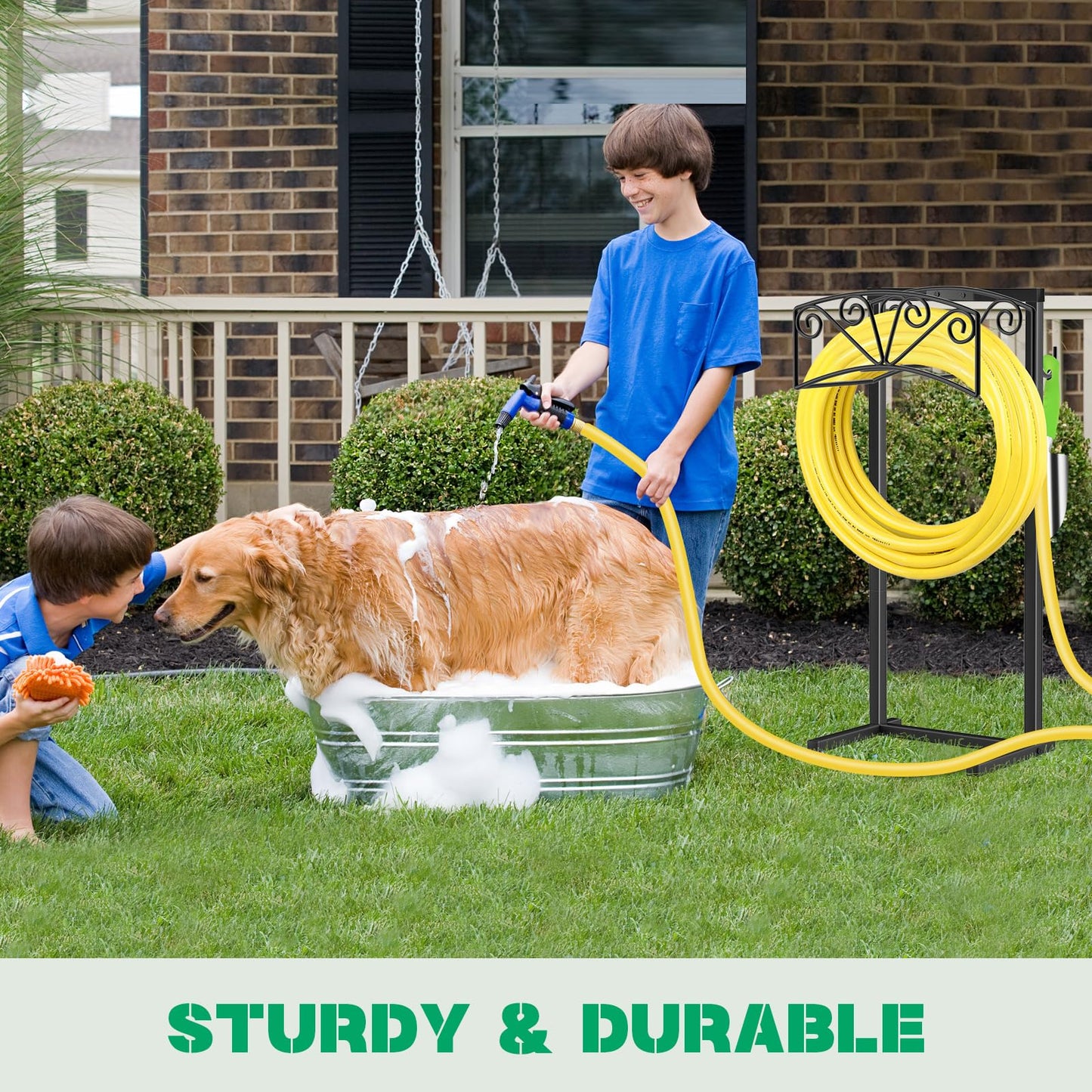 TomCare Garden Hose Holder Upgraded Heavy Duty Metal Water Hose Holder Holds 160 FT Hoses Sturdy Hose Reel with 2 Tool Hooks Freestanding Outdoor Hoses Storage Hanger for Outside Yard Lawn, Black