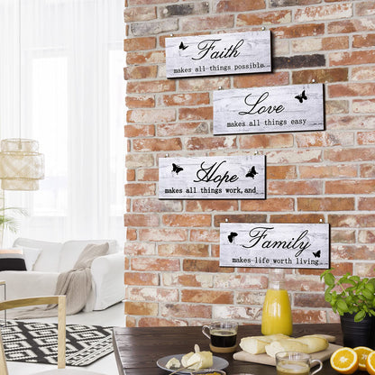 4 Pieces Faith Love Hope Family Wood Sign Farmhouse Wooden Family Sign with Quotes Faith Love Hope Family Home Sign Plaque Rustic Wooden Home Wall Sign for Front Porch Door Wall, 10 x 4 Inch (White)