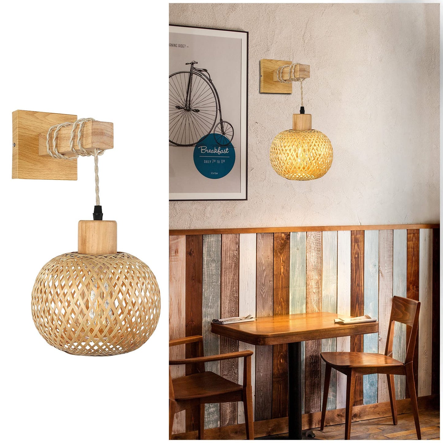 Frideko Bamboo Wall Sconce Lighting - Rattan Wall Lamps for Bedroom, Farmhouse Wall Light with Bamboo Lampshade, Rustic Boho Sconces Light Fixture for Living Room, 1 Pack