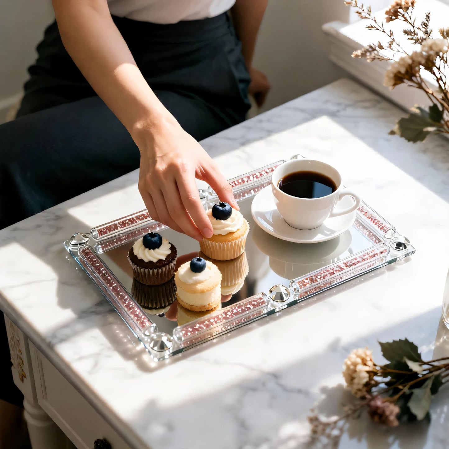 HMRCYTE Crystal Perfume Tray, 11.8" x 7.9" Mirror Glass Vanity Tray for Dresser, Cosmetic Jewelry Trinket Tray, Crushed Diamond Home Decor, Decorative Tray for Vanity Christmas Party Gift