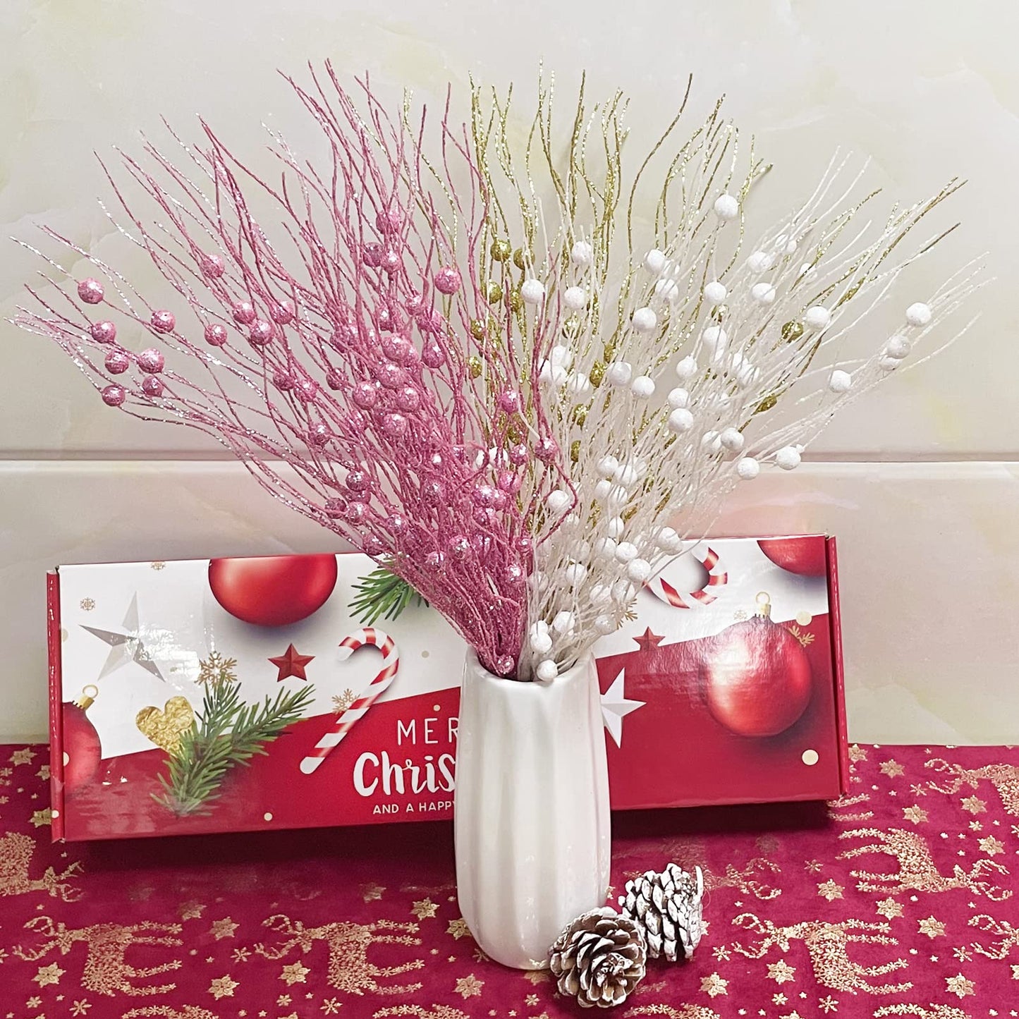 Losris Christmas Artificial Glitter Berry Stem Decorations Decorative Bead Sticks Xmas Picks Glittery Twigs Branches for Christmas Tree Wreath Gift Vase Decor Party Ornaments White 24 PCS