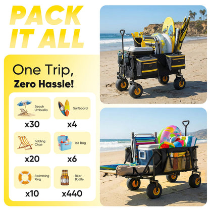 Sekey Heavy Duty Beach Wagon with 9" Big Sand-Proof Wheels, 300L Oversized Foldable Beach Cart with Cooler| Adjustable Handle & Balloon Tires for Sand, Camping,Vacation