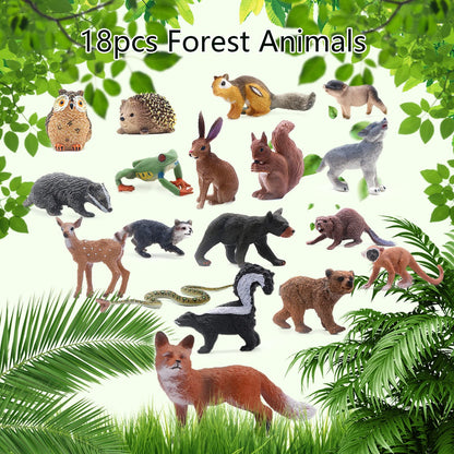 SIENON 18Pcs Forest Animals Figures Toys, Baby Woodland Animals Figurines, Miniature Animals Toys with Owl Hedgehog Fox Squirrels Bear Deer Wolf for Woodland Theme Cake Cupcake Toppers