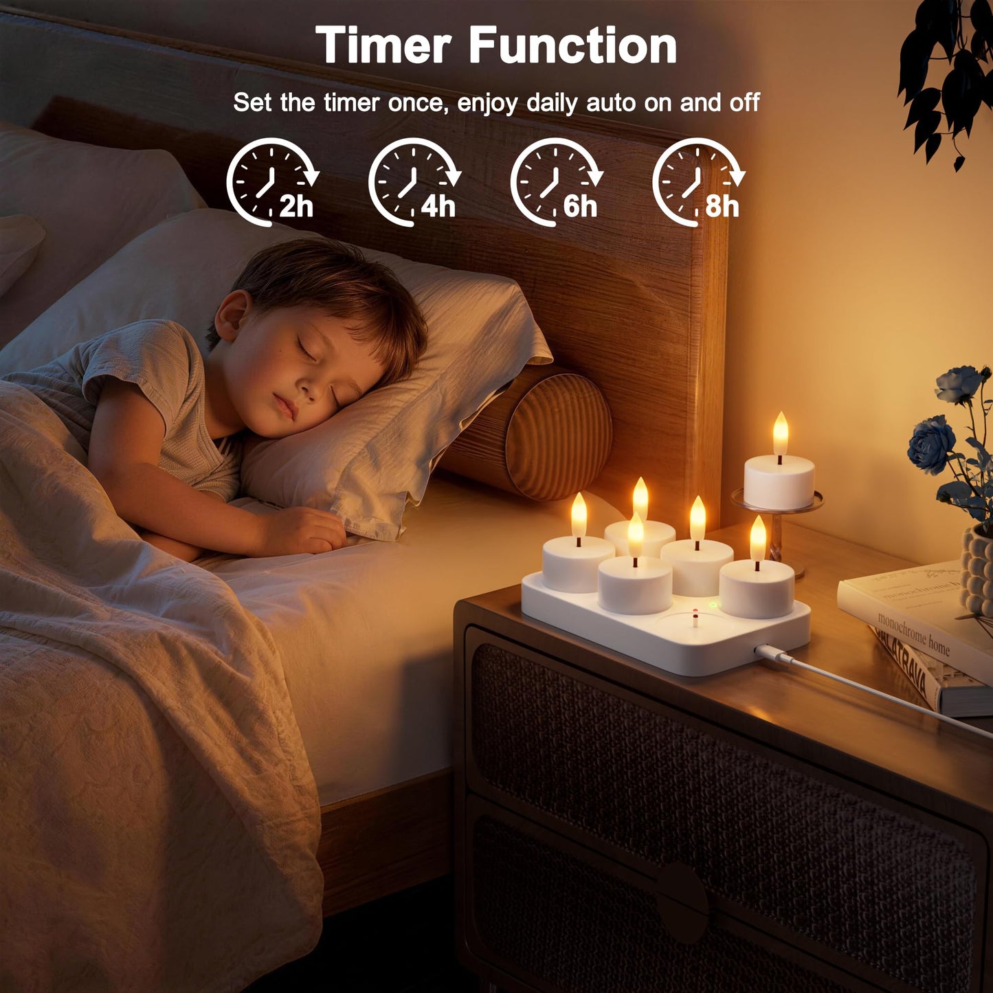 Kimjo Rechargeable Flameless Tea Lights Candles with Charging Base & Remote Timer, 6Pcs Battery Operated LED Candles, Flickering Electric Fake Tealight for Wedding Halloween Christmas Decor