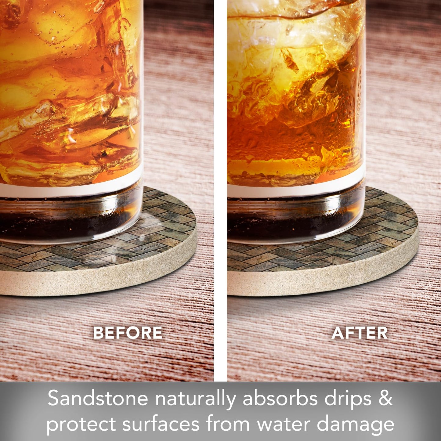 Thirstystone Stone Herringbone Pattern Natural Sandstone Coaster 4 Pack Eco-Friendly, Absorbent, Easily Wipes Clean