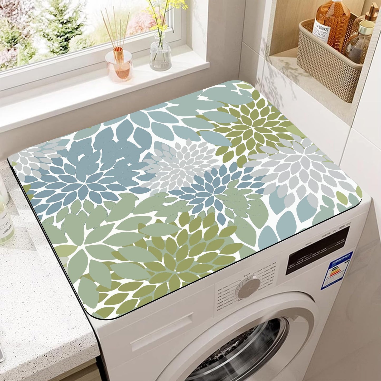 Abstract Green Lotus Flowers Floral Dryer Top Protector Mat,Dust-proof Washer and Dryer Covers For The Top,Non-slip Washing Machine Dust Cover Pad for Laundry Room Home Decor,23.6"x19.7"