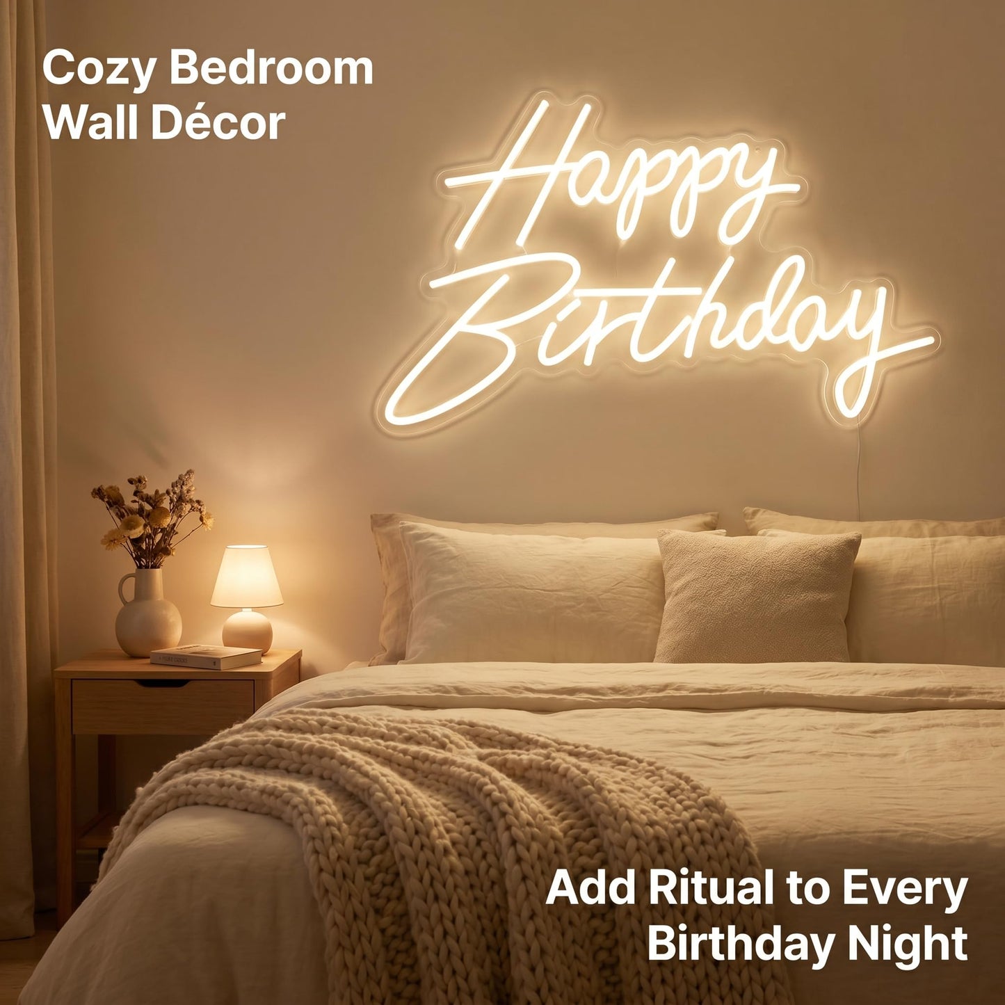 HMT Happy Birthday Neon Sign USB Powered 19.6×11.8 Inch Large LED Light Up Sign for Backdrop & Birthday Party Decor