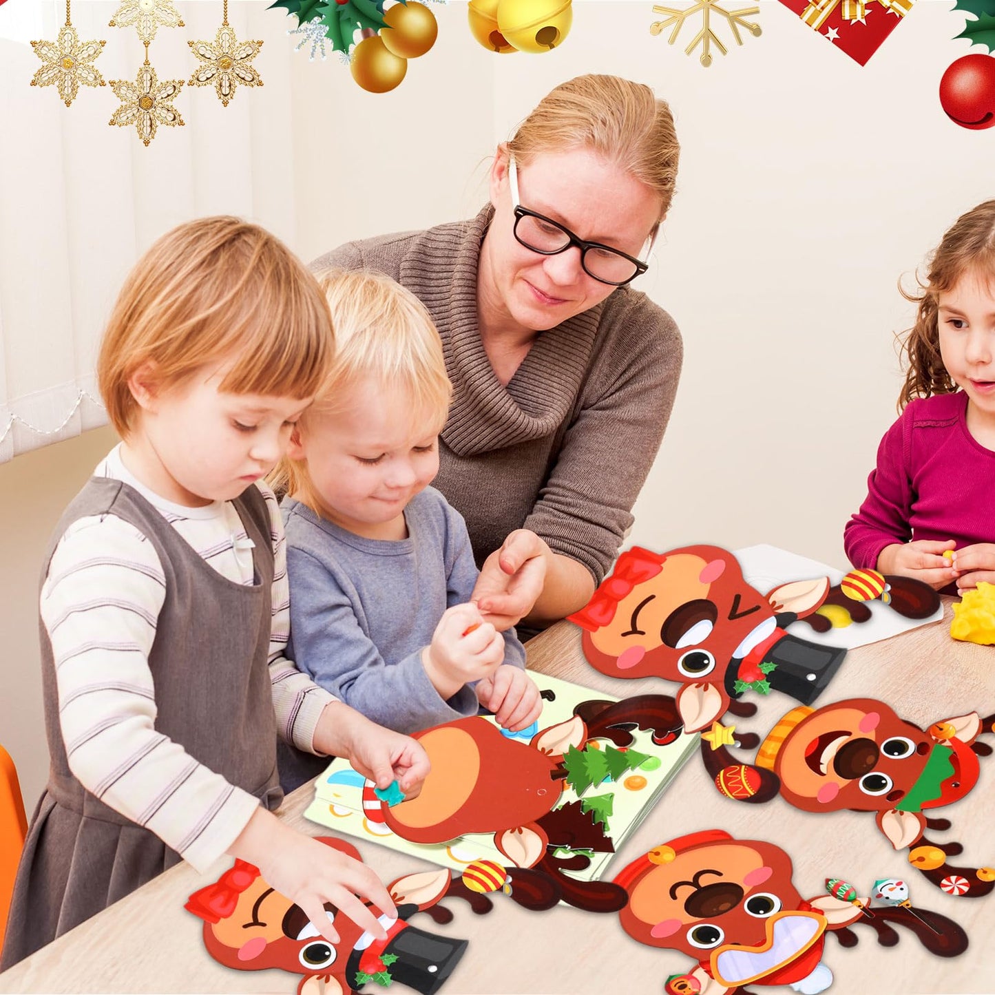 Pasimy 48 Pcs Christmas Crafts Kits for Kids Christmas Reindeer Ornament Crafts DIY Reindeer Ornament Kit Make Your Own Reindeer Craft Stickers for Holiday Xmas Classroom Party Favors