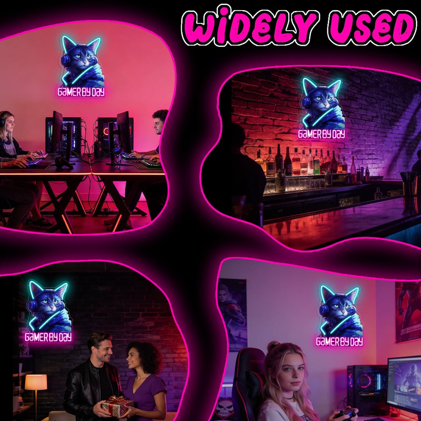 RuCvixkt Gamer By Day Cat Neon Sign, Cool Gaming Cat LED Light, Neon Signs Wall Decor for Game Room, Man Cave, Bedroom, Bar, Gift for Boys Girls Birthday Party Christmas