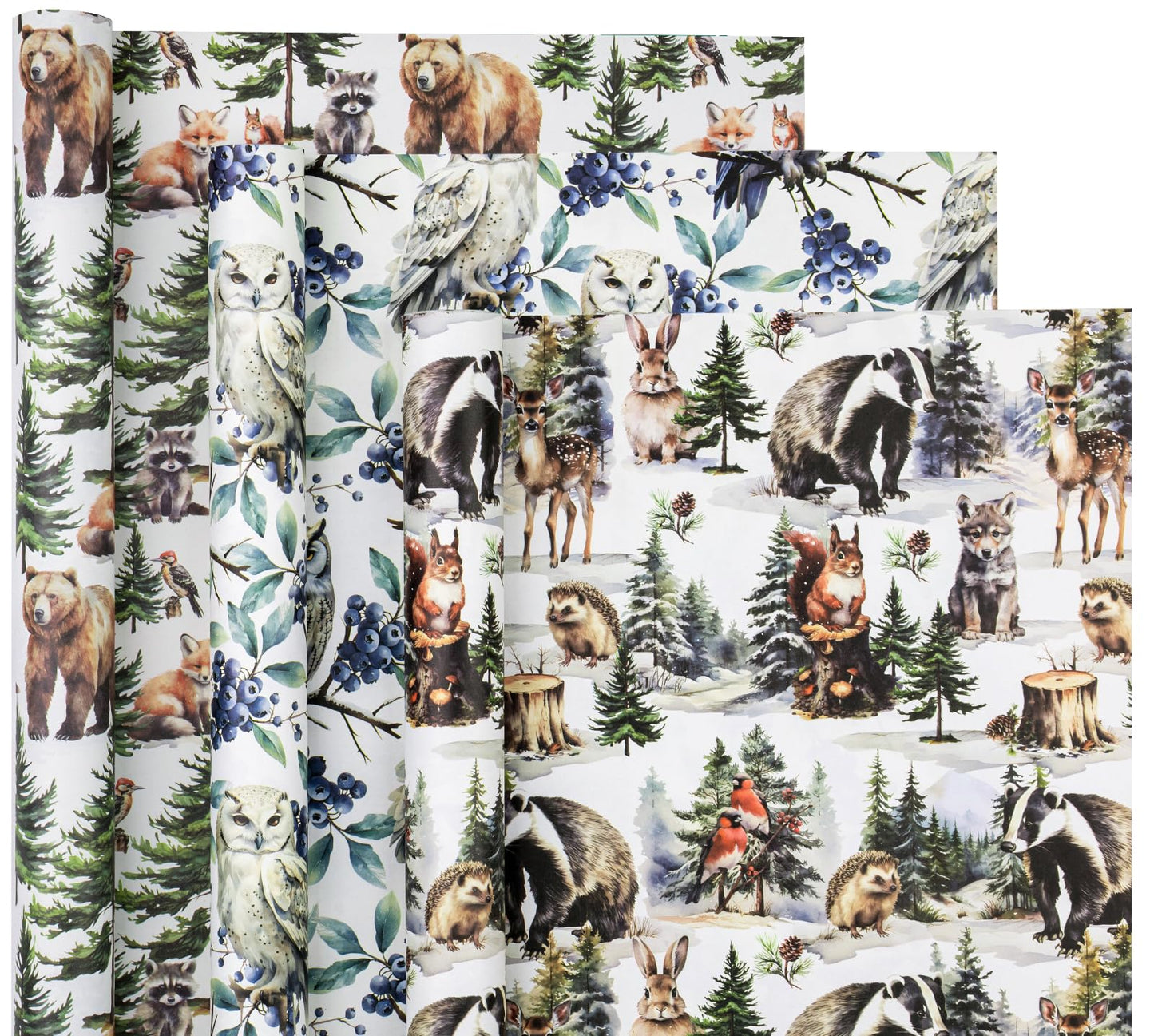 WRAPAHOLIC Kraft Christmas Wrapping Paper Roll - Mini Roll - 3 Rolls - 17 Inch x 120 Inch Per Roll - White Wild Animals Winterfall Watercolor Holiday Collection