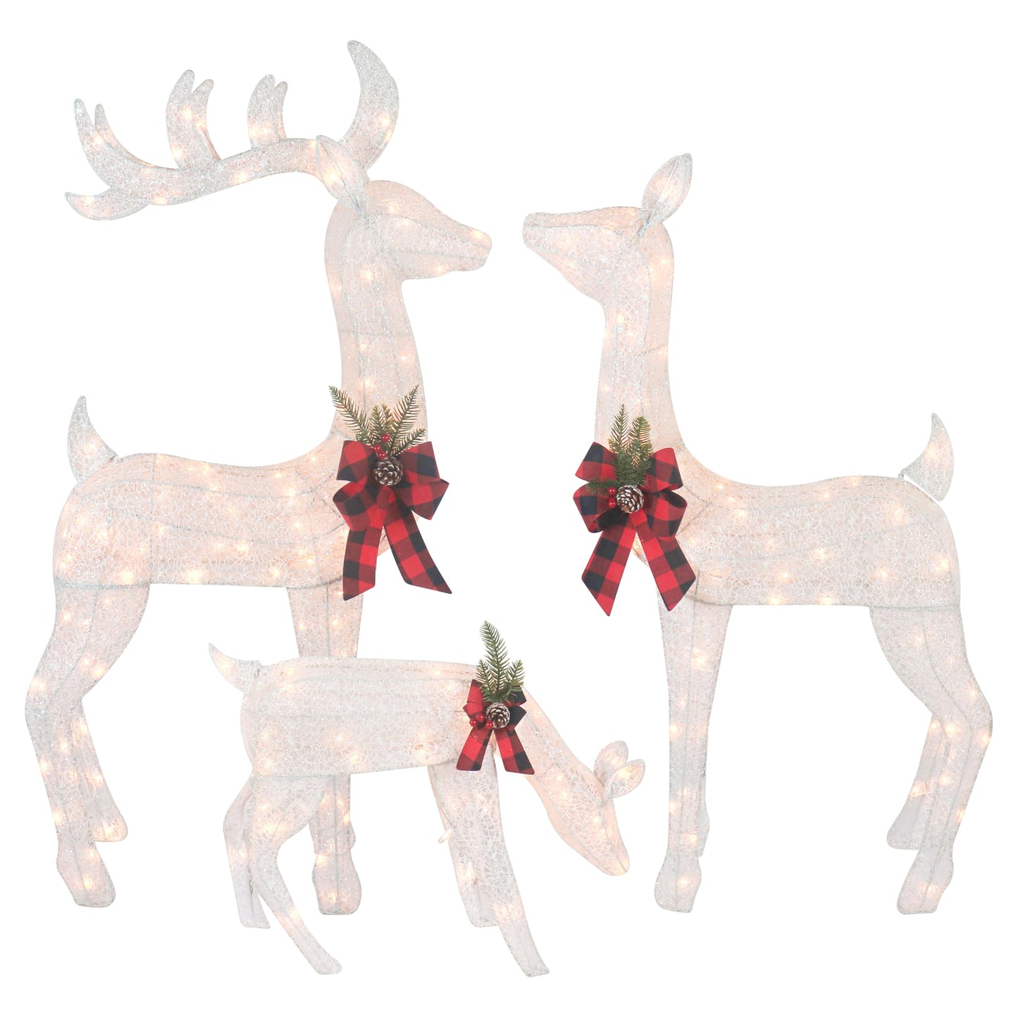 3-Piece White Fabric Reindeer Family - Lighted Deer Set - 210 Lights 52" Buck 44" Doe 28" Fawn - Large Deer Family for Indoor or Outdoor Christmas Decorations Yard Art