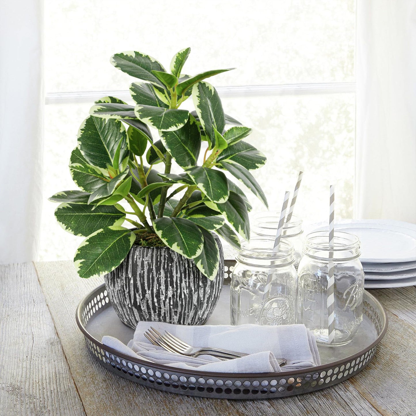 Artificial Plants Indoor Outdoor, Faux Variegated Oak Leaf Plant, Fake Potted Plants Artificial Decor for Coffee Table Desk Shelf, Faux Plants Indoor for Living Room Bathroom Bedroom Entryway Office
