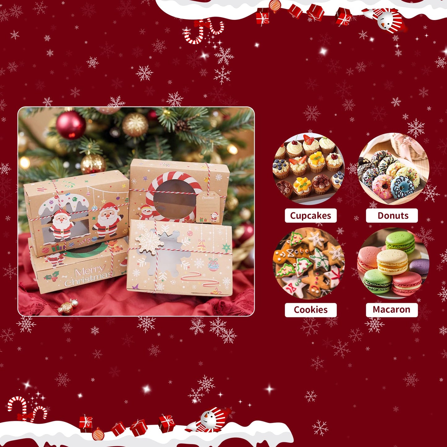 12pcs Christmas Cookie Boxes with 6 Cookie Cutters Shapes, Santa,Tree,Snowflake,Candy Cane,8 x 5.5 x 2.36 In Bakery Pastry Box,Food Container,Kraft Paper Treat Boxes for Gift,Christmas Party Supplies