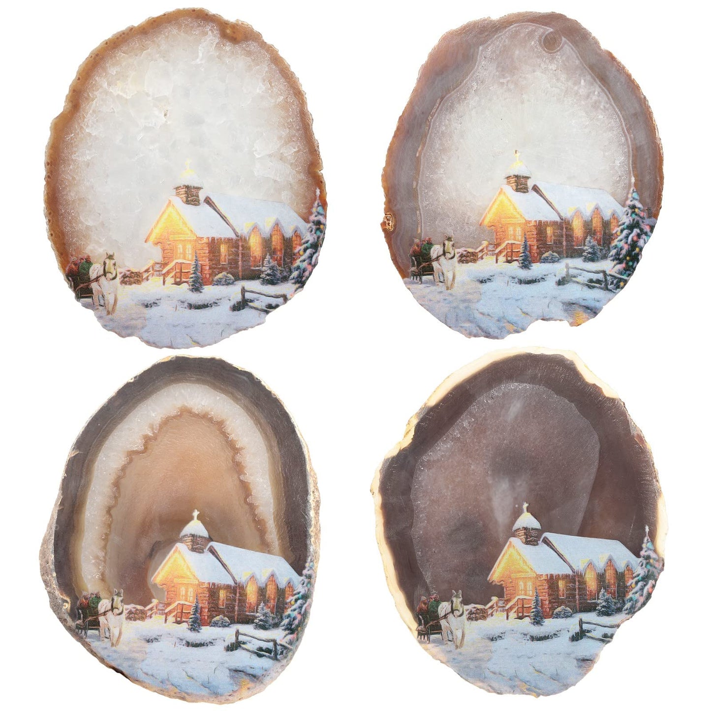 TUMBEELLUWA Natural Irregular Agate Slice Painting Decor with Wooden Stand Agate Geode Slab for Desk Hallway, Horse Walking in Snowy Night