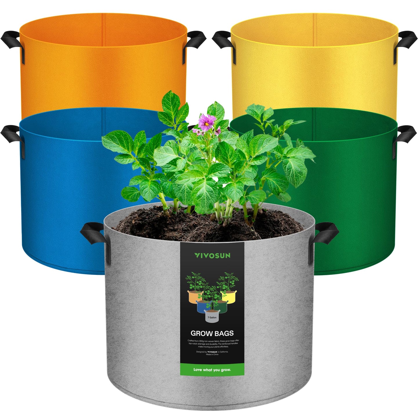 VIVOSUN 5-Pack 7-Gallon Colored Grow Bags, 350G Thick nonwoven Fabric Pots with Handles for Flowers, Fruits and Vegetables