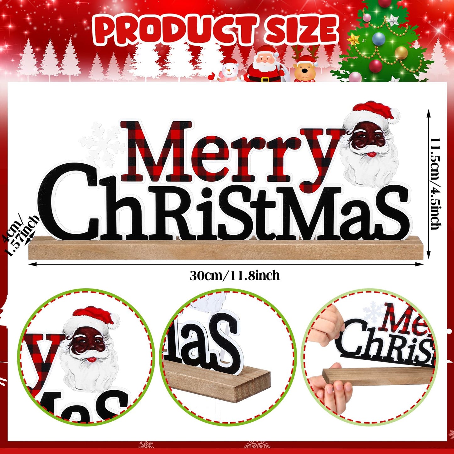Realspring Merry Christmas Metal Sign African American Table Decor Christmas Black Santa and Red Black Buffalo Plaid Decor with Wooden Base for Tiered Tray Home Tabletop Centerpiece Mantel Fireplace